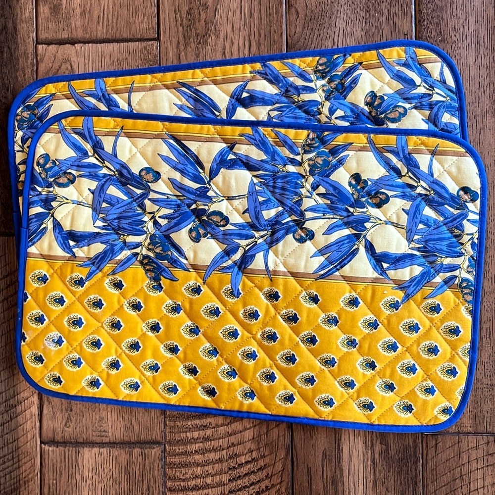 French country cotton Yellow and Blue Quilted Placemats Set of 2